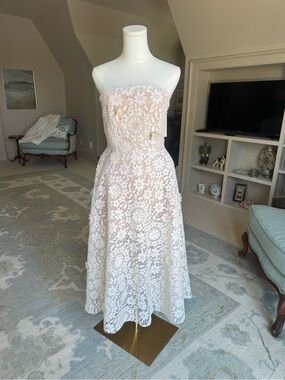 Strapless Cream Lace Midi Dress with Floral Overlay